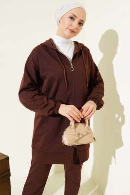 Bilek Lastikli Kapüşonlu İkili Takım Kahve - Thumbnail