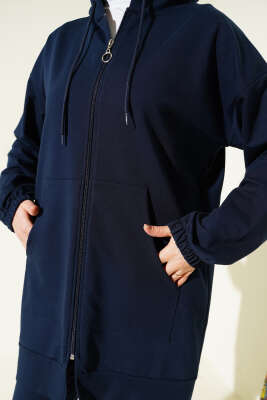 Bilek Lastikli Kapüşonlu İkili Takım Lacivert - Thumbnail