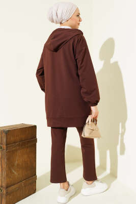 Bilek Lastikli Kapüşonlu İkili Takım Kahve - Thumbnail