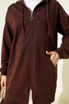 Bilek Lastikli Kapüşonlu İkili Takım Kahve - Thumbnail