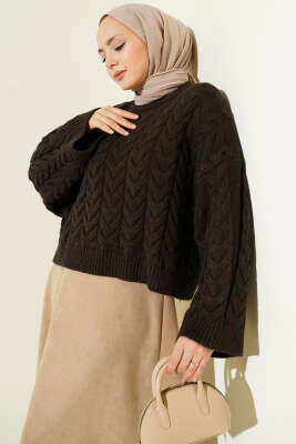 Örgülü Salaş Triko Kazak Kahve - Thumbnail