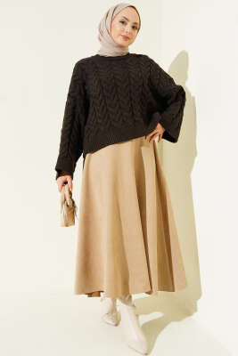 Örgülü Salaş Triko Kazak Kahve - Thumbnail