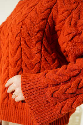 Örgülü Salaş Triko Kazak Kiremit - Thumbnail