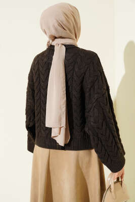 Örgülü Salaş Triko Kazak Kahve - Thumbnail