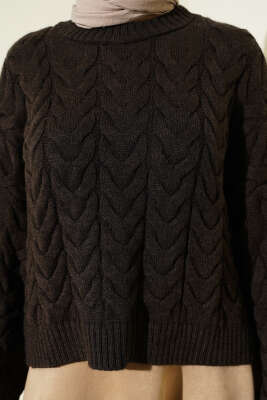 Örgülü Salaş Triko Kazak Kahve - Thumbnail