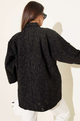 Oversize Yarım Kol Çiçek Kabartmalı Gömlek Siyah - Thumbnail