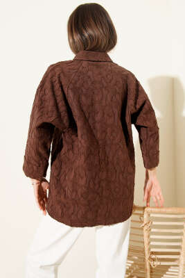 Oversize Yarım Kol Çiçek Kabartmalı Gömlek Kahve - Thumbnail