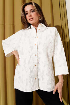 Oversize Yarım Kol Çiçek Kabartmalı Gömlek Beyaz - Thumbnail