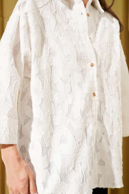 Oversize Yarım Kol Çiçek Kabartmalı Gömlek Beyaz - Thumbnail