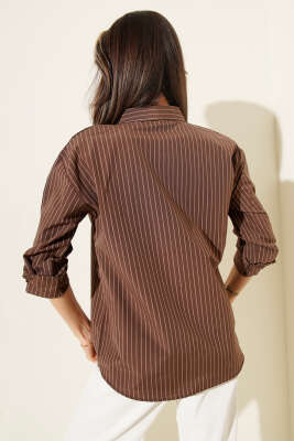Çizgili Cep Görünümlü Gömlek Kahve - Thumbnail