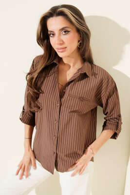 Çizgili Cep Görünümlü Gömlek Kahve - Thumbnail