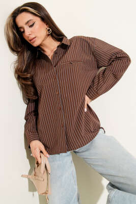 Çizgili Cep Görünümlü Gömlek Kestane - Thumbnail