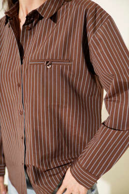 Çizgili Cep Görünümlü Gömlek Kestane - Thumbnail