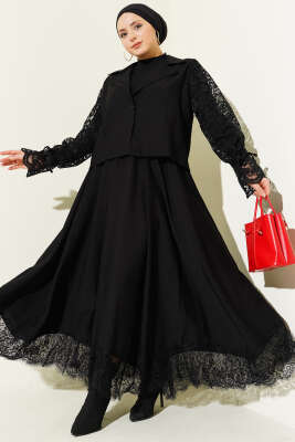 Kruvaze Yaka Dantelli Etekli İkili Takım Siyah - Thumbnail