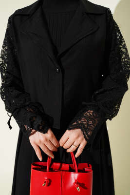 Kruvaze Yaka Dantelli Etekli İkili Takım Siyah - Thumbnail