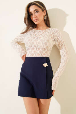 Pazarium - Yanı Fermuarlı Şortlu Etek Lacivert