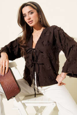 Pazarium - Önden Bağlamalı Püsküllü Kimono Kahve