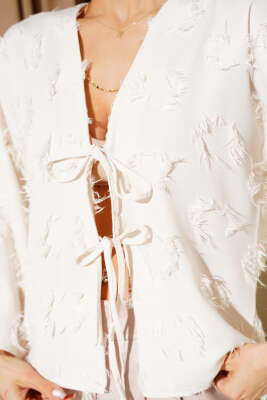 Önden Bağlamalı Püsküllü Kimono Krem - Thumbnail