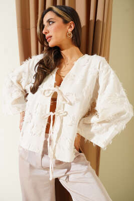 Önden Bağlamalı Püsküllü Kimono Krem - Thumbnail