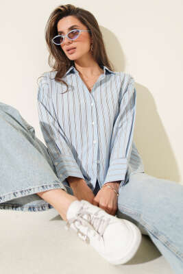 Pazarium - Çizgili Terikoton Gömlek Mavi