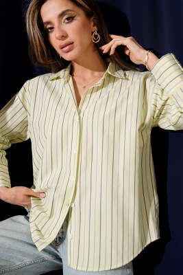 Pazarium - Çizgili Terikoton Gömlek Lime