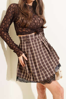 Dantel Detaylı Mini Etek Kahve - Thumbnail