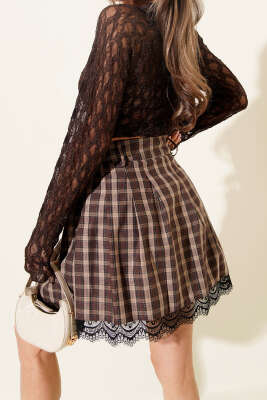 Dantel Detaylı Mini Etek Kahve - Thumbnail