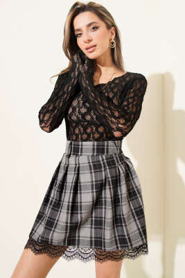 Pazarium - Ekose Dantelli Pileli Etek Gri