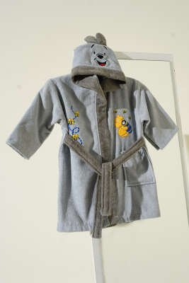 Yumuşak Dokulu Ayıcık Pooh Kapüşonlu Çocuk Bornozu Gri - Thumbnail