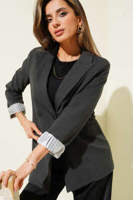 Pazarium - Çizgi Astarlı Düğmeli Blazer Ceket Antrasit