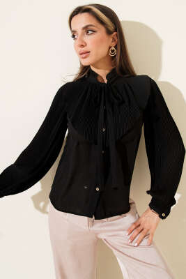 Yaka Bağlamalı Piliseli Kısa Gömlek Siyah - Thumbnail