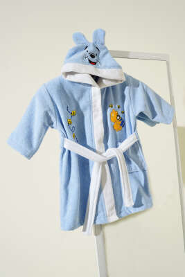 Yumuşak Dokulu Ayıcık Pooh Kapüşonlu Çocuk Bornozu Mavi - Thumbnail