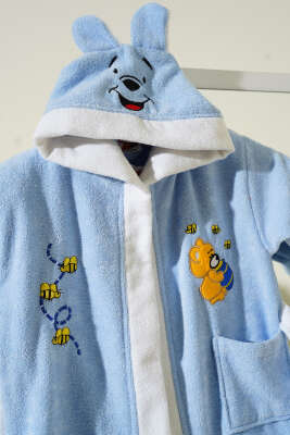 Yumuşak Dokulu Ayıcık Pooh Kapüşonlu Çocuk Bornozu Mavi - Thumbnail