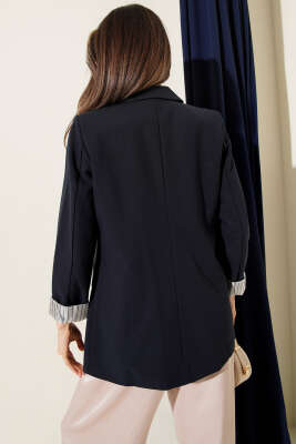 Çizgi Astarlı Düğmeli Blazer Ceket Lacivert - Thumbnail