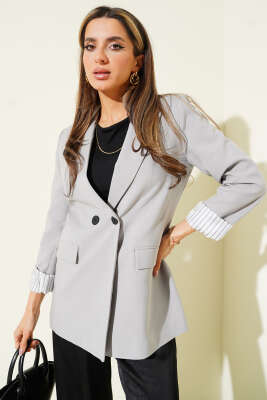 Çizgi Astarlı Düğmeli Blazer Ceket Kayrak Grisi - Thumbnail