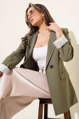 Pazarium - Çizgi Astarlı Düğmeli Blazer Ceket Haki