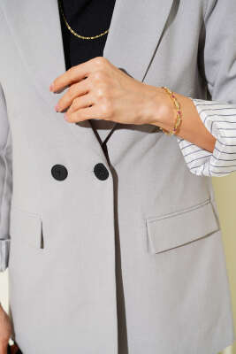 Çizgi Astarlı Düğmeli Blazer Ceket Kayrak Grisi - Thumbnail