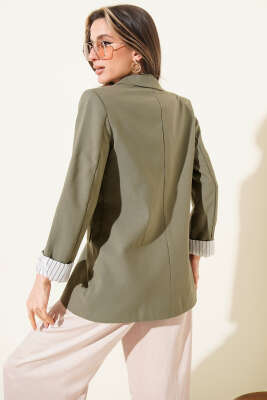 Çizgi Astarlı Düğmeli Blazer Ceket Haki - Thumbnail