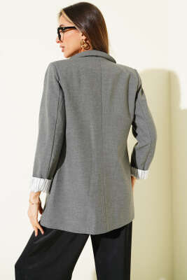 Çizgi Astarlı Düğmeli Blazer Ceket Füme - Thumbnail