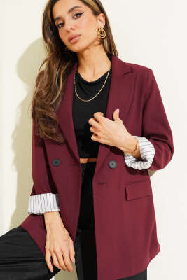 Çizgi Astarlı Düğmeli Blazer Ceket Bordo - Thumbnail