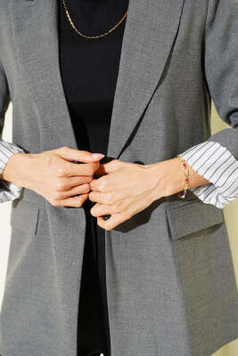 Çizgi Astarlı Düğmeli Blazer Ceket Füme - Thumbnail