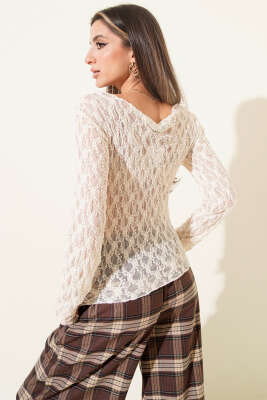 Geniş Yaka Dantelli Bluz Bej - Thumbnail
