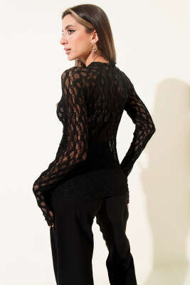 Geniş Yaka Dantelli Bluz Siyah - Thumbnail