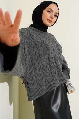 Örgülü Salaş Triko Kazak Füme - Thumbnail