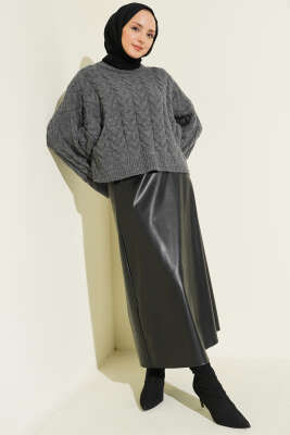 Örgülü Salaş Triko Kazak Füme - Thumbnail