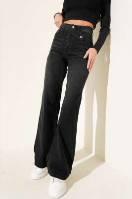 Pazarium - Çapraz Düğme Detaylı Palazzo Kot Pantolon Siyah