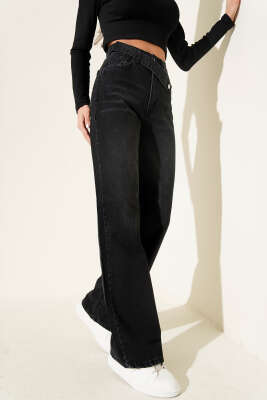 Çapraz Düğme Detaylı Palazzo Kot Pantolon Siyah - Thumbnail