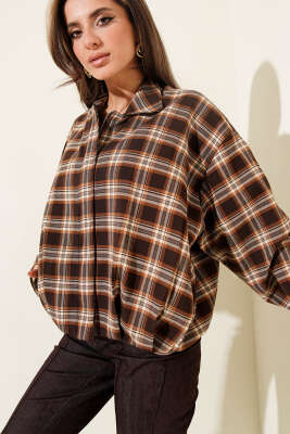 Pazarium - Ekose Desenli Fermuarlı Kısa Ceket Kahve