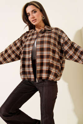 Ekose Desenli Fermuarlı Kısa Ceket Kahve - Thumbnail