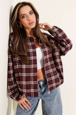 Ekose Desenli Fermuarlı Kısa Ceket Bordo - Thumbnail